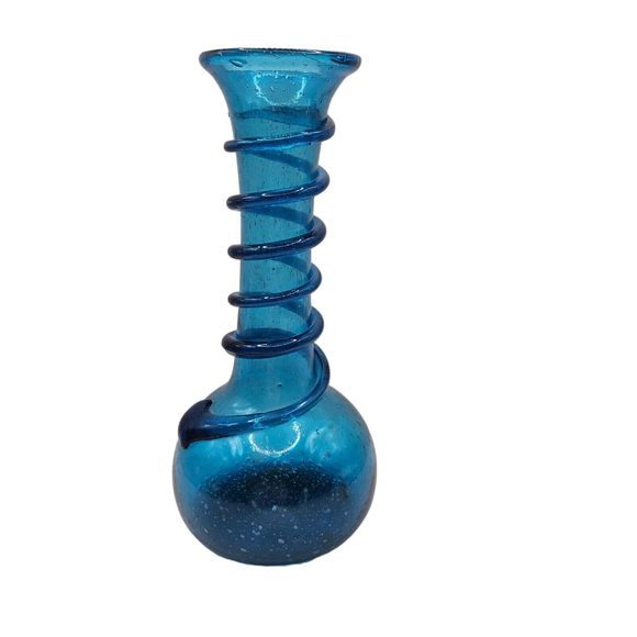 Vintage Hand Blown Blue Glass Vase Applied‎ Blue Coil on Neck Bubbles 8" MCM - Picture 1 of 8